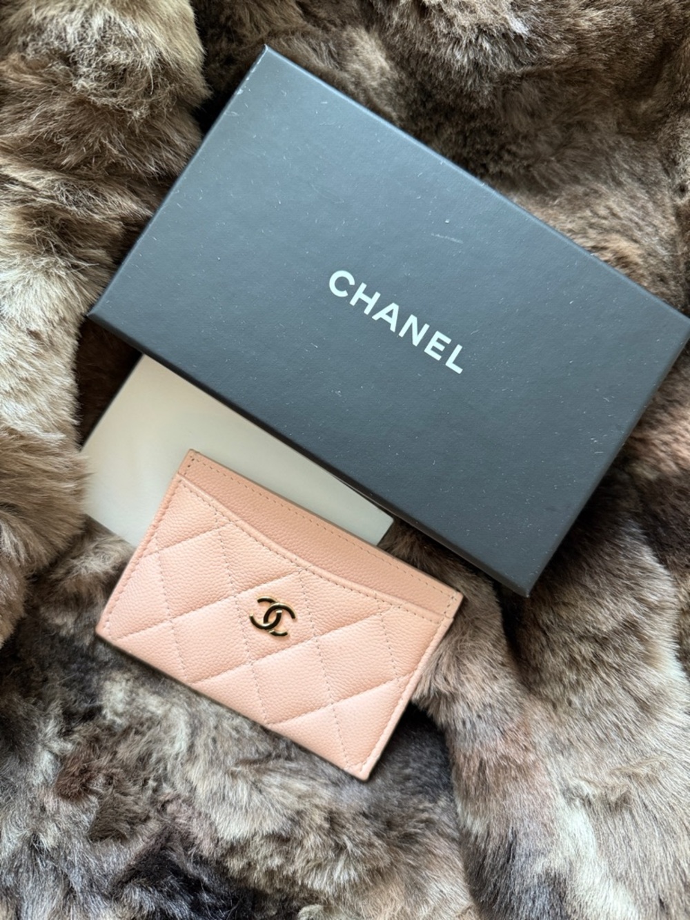 CHANEL Blush Quilted Card Holder with Gold CC Hardware
